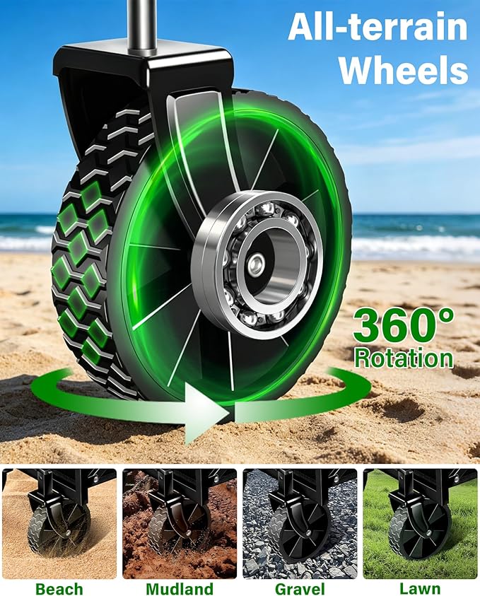 Collapsible Wagons Carts Foldable Wagon, Foldable Wagon Cart with Wheels, Folding Wagons for Beach Camp Sports Garden, 2 Cup Holders/Lightweight Portable/Black/360 LBS