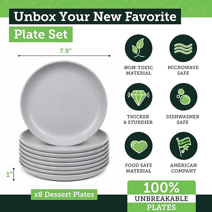 Grow Forward Premium Wheat Straw Plates - 8 Inch Reusable Hard Plastic Dinner Plates Set of 8 - Unbreakable Microwave Safe Plates for Dessert, Camping, RV, Outdoors, Patio, Kitchen Dishes - Feather