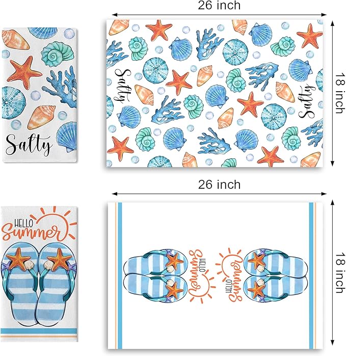 Hello Summer Flip Flops Kitchen Dish Towels Set of 2, Beach Coastal Starfish Conch Coral Drying Hand Towels Baking Cooking Cloth, Sun Bubble Salty Nautical Home Kitchen Decoration 18 x 26 in