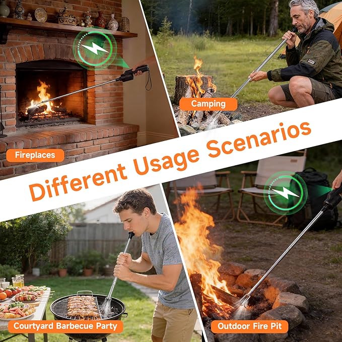 Telescoping Electric Fire Blower, Blow Poke Fireplace Tool - 2-in-1 Fire Poker & Bellows for Indoor Fireplace, Outdoor Camping, BBQ, Wood Stove & Fire Pit, Portable Collapsible Fire Starter Tool （1PC）