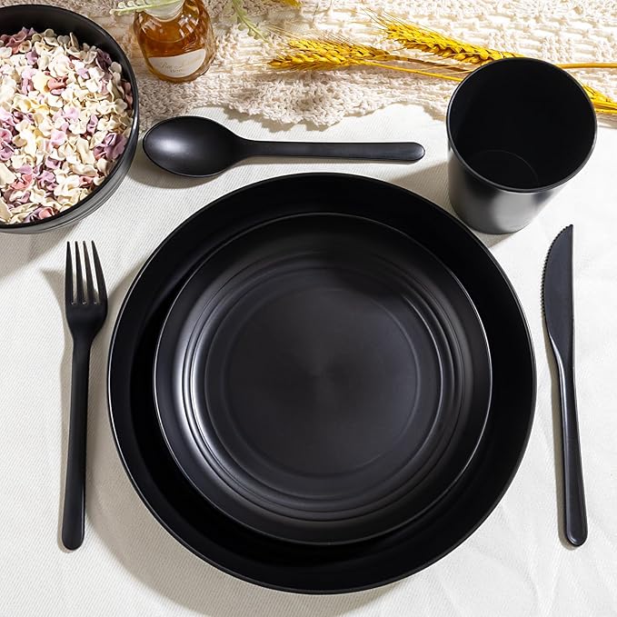 LIYH 24 Pcs Black Wheat Straw Dinnerware Sets, Unbreakable Plates and Bowls Set Plastic Dinnerware Set Include Wheat Straw Plates, Bowls, Cups, Dishes for Kitchen& Camping