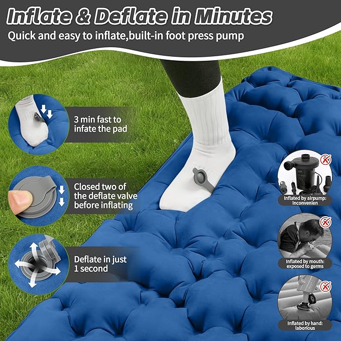HiiPeak Double Sleeping Pad for Camping - Suede Top Camping Mattress with Pillow, Built-in Foot Pump, Compact Inflatable 2-Person Portable Mat for Backpacking, Hiking, Car Traveling, Beach, Tent