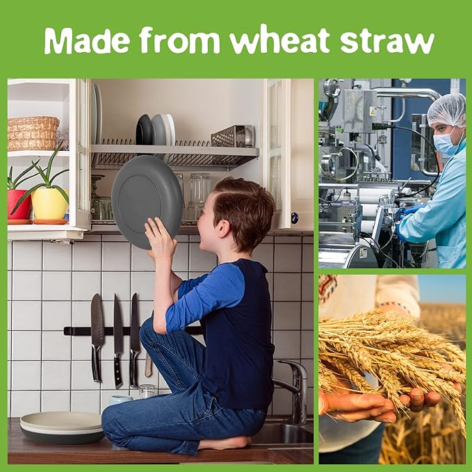 Teivio 16-Piece Kitchen Plastic Wheat Straw Dinnerware Set, Service for 4, Dinner Plates, Dessert Plate, Cereal Bowls, Cups, Unbreakable Plastic Outdoor Camping Dishes,Gray Stone