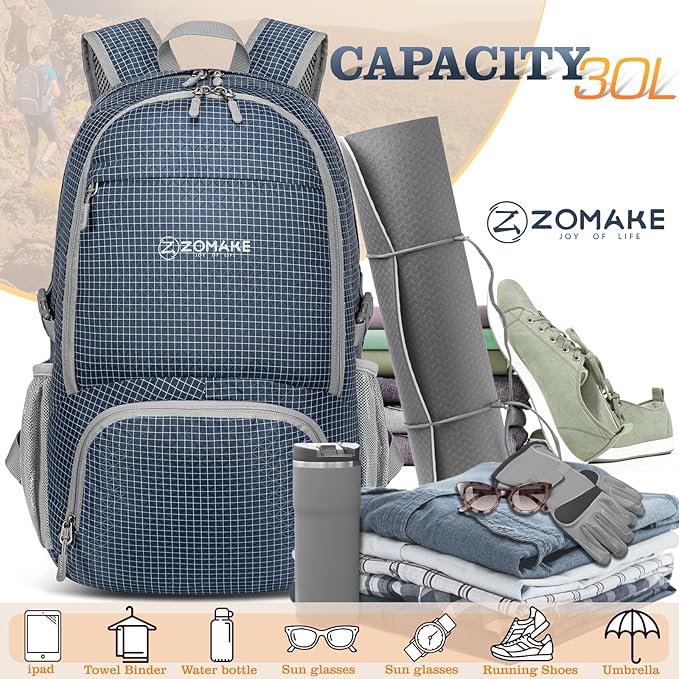 ZOMAKE Lightweight Packable Backpack 30L, Foldable Hiking Backpacks Water Resistant Compact Folding Daypack for Travel(Plaid Royal Blue)