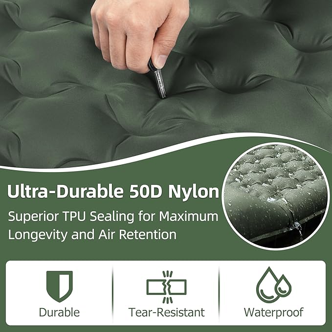 Camping Sleeping Pad, 4.7" Extra-Thick Camping Mattress with Pillow, Built-in Foot Pump Ultralight Inflatable Sleeping Pads for Camping Hiking Backpacking Traveling Tent, Military Green, Single