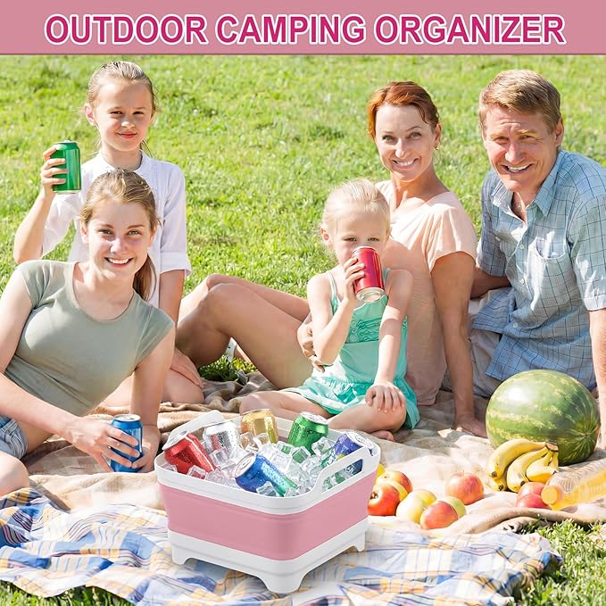 Collapsible Wash Basin for Baby Bottles with Drying Rack – 2.4 Gallon Foldable Dish Tub with Handles, Portable RV Camping Sink & Space-Saving Wash Bin with Lid for Kitchen, Travel & Outdoor, Pink