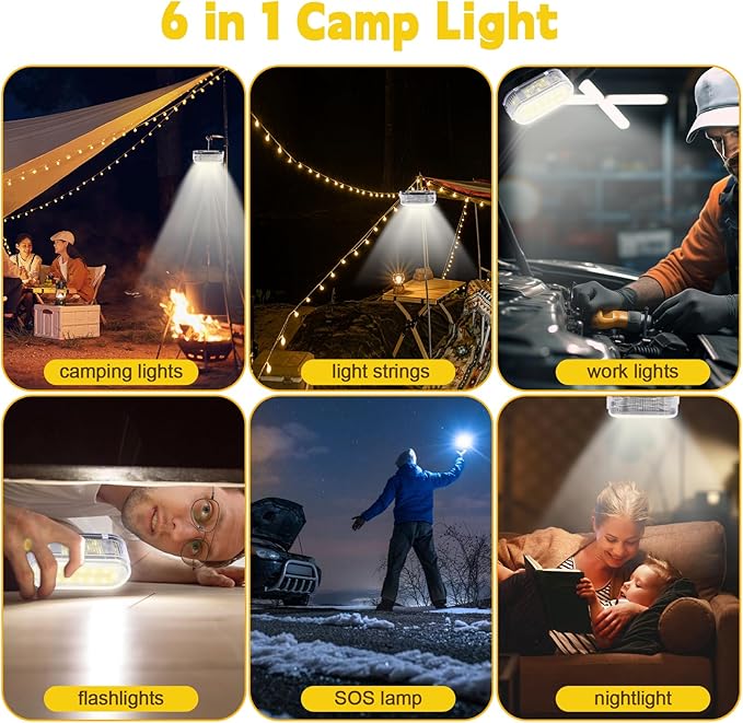 Camping String Lights for Camping Essentials Gear Waterproof, 21ft Hanging Lamp 3000LM for Outdoor Camping Awning Accessories, 2025 Upgraded LED Rechargeable Tent Rope Lights for Camper Decor (White)