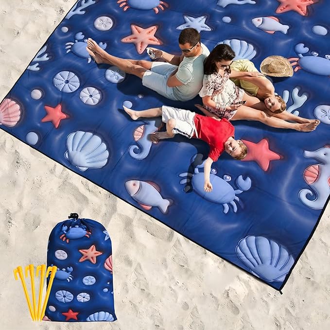 WIWIGO Beach Blanket Waterproof Sandproof Beach Mat 79" X 83"/10'x9'for 2-8 Adults Quick Drying Outdoor Picnic Mat Beach Accessories for Travel, Camping, Hiking