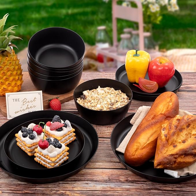 EI 12pcs Wheat Straw Dinnerware Set of 4,Plates and Bowls Sets,Plastic Plate Reuasble Unbreakable,Heavy Duty Plastic Plates for Camping,Picninc,Family Dinner