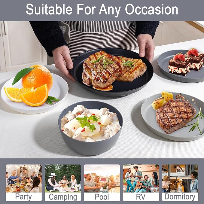 EI 12pcs Wheat Straw Plates,Wheat Straw Dinnerware Set,Plate and Bowls Sets,Plastic Plates Reusable-White,Black,Grey,Dark Grey,Dinner Plate Set of 4 Kitchen,Picnic