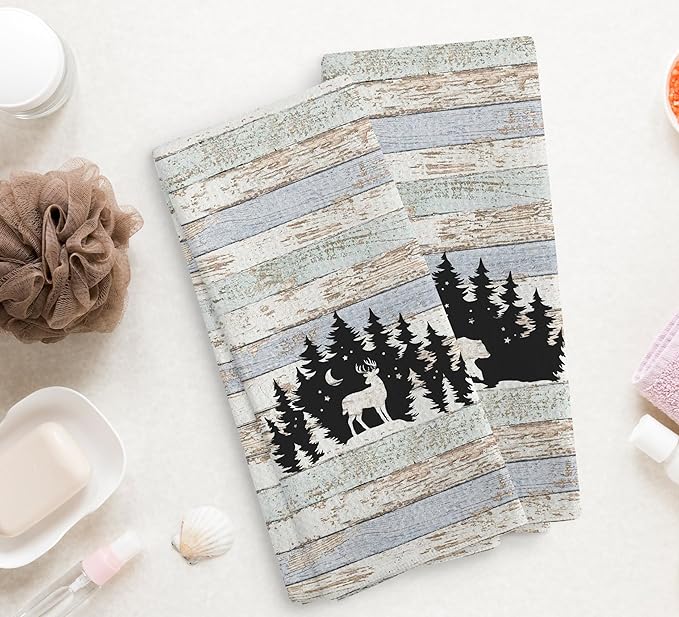 Wild Animal Deer Moose Bear Forest Camping Kitchen Towels and Dishcloths Sets of 2,Campsite Cabin RV Drying Cloth Hand Towels Tea Towels for Bathroom Kitchen,Campers Camping Lovers Gifts,16×24 inches
