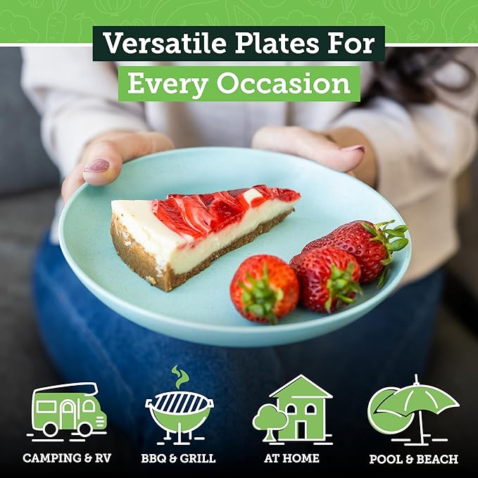 Grow Forward Premium Wheat Straw Plates - 8 Inch Reusable Hard Plastic Dinner Plates Set of 8 - Unbreakable Microwave Safe Plates for Dessert, Camping, RV, Outdoors, Patio, Kitchen Dishes - Seascape