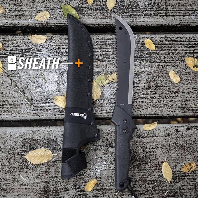 Gerber Gear Gator Machete 18.75" / 11.25" with Saw and Plain Edge Blade for Camping, Hunting, Gardening and Bushcraft, Includes a Gator Grip and Protective Sheath, Stainless Steel Blade