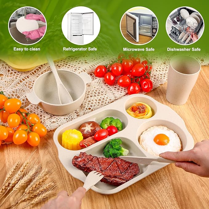 24 Pcs Wheat Straw Dinnerware Cutlery Set for Aldult Including Divided Plates Microwave Dishwasher Safe Bowl Unbreakable Tableware Straw Cutlery Spoon Knife Fork(Mixed Color)