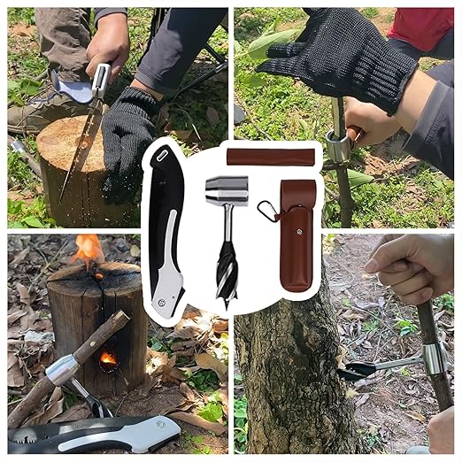 Bushcraft Gear Hand Auger Drill,Survival Tools with Folding Saw Making Wooden Rocket Stoves, 1”Dia Drill Peg and Scotch Eye Maker Settlers Wrench for Camping Shelter Building (1“Dia)