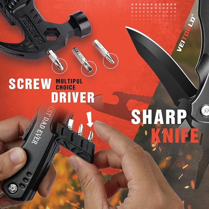 VEITORLD Gifts for Men Dad, Cool Fathers Day Birthday Gifts Ideas for Men Grandpa Papa from Daughter Wife Son, BEST DAD EVER Gift, All in One Survival Tools Hammer Multitool, Camping Hunting Presents