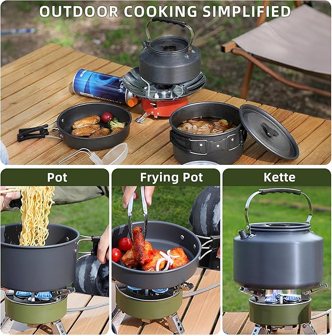 aiGear 3pcs Camping Cooking Set for 1-2 People, Lightweight Foldable Pot Pan Kettle with Storage Bag, Backpacking Cooking Set for Hiking Picnic Camping