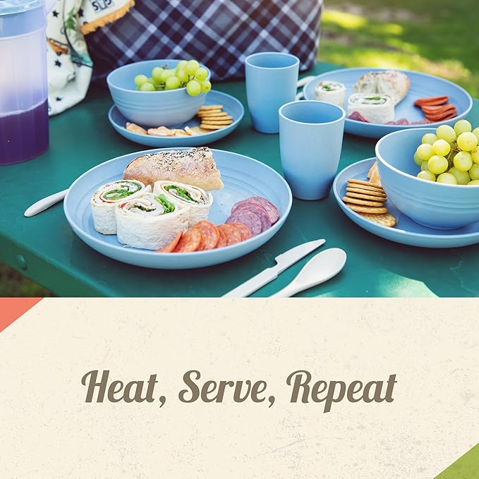 Camping Plates Cups and Bowls Set - 8-pc Wheat Straw Dinnerware Sets - 2 Bowls, 2 Cups, 2 Small & 2 Large Indoor/Outdoor RV Dishes - BPA Free, Dishwasher & Microwave Safe Camp Casual (Rustic Red)
