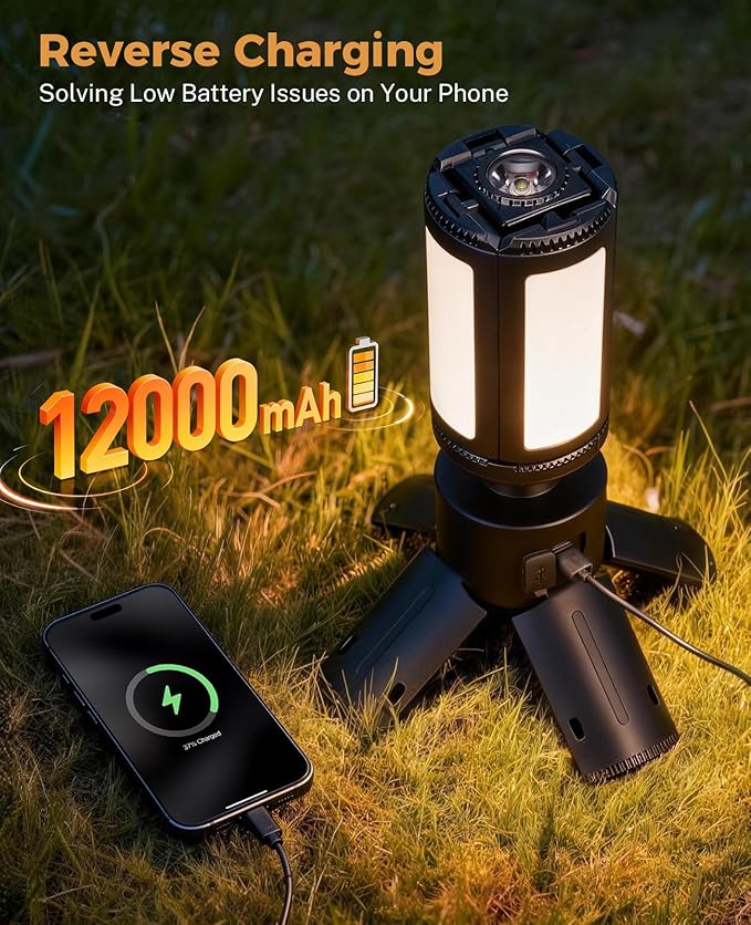 Telescopic Camping Light, 12000mAh Rechargeable Camping Lights Portable with Stand Collapsible Outdoor Camping Lanterns 7200/5000/3600K Dimmable IPX5 Waterproof for Camping Hiking Emergency