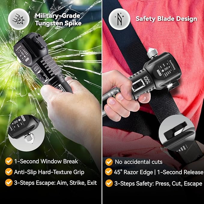 18-in-1 Solar/USB Rechargeable Car Emergency Flashlight Tool - Auto Safety Hammer Glass Breaker, Seatbelt Cutter, Flameless Fire Starter, SOS Alarm, Power Bank, Survival Gear, Driver Gifts