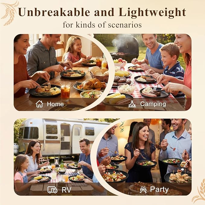 Dinner Plate 8 Inch, Unbreakable Wheat Straw Plates Set for 8, Alternatives to Plastic Plates Rusable, Microwave Safe Dessert Plate for Camping, Picnic, Party - Black