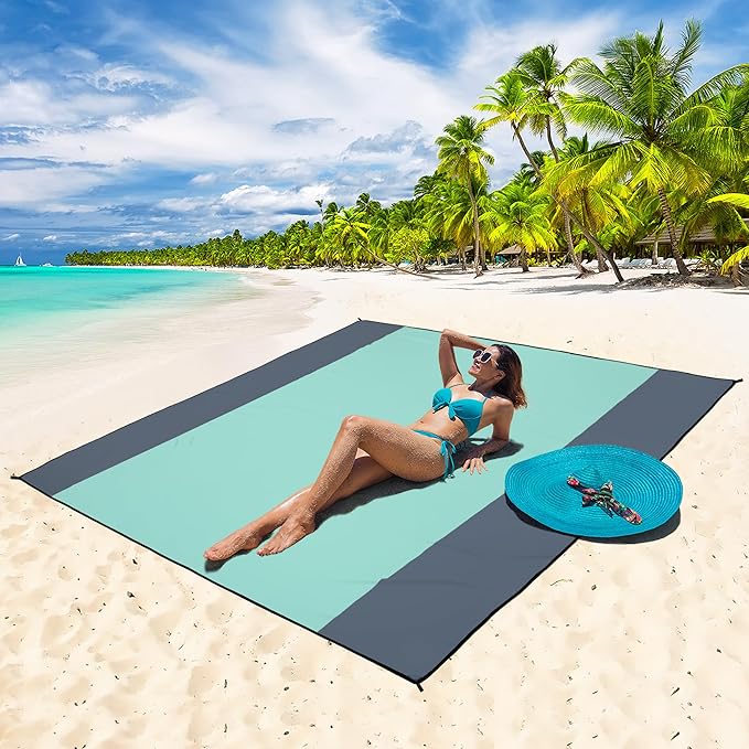 WIWIGO Beach Blanket Waterproof Sandproof Beach Mat 79" X 83"/10'x9'for 2-8 Adults Quick Drying Outdoor Picnic Mat Beach Accessories for Travel, Camping, Hiking