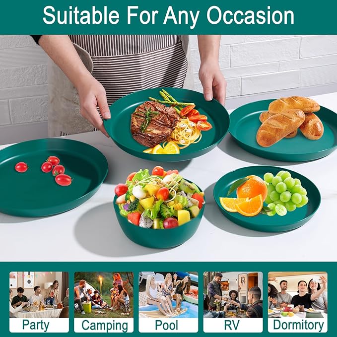 EI 12pcs Dark Green Wheat Straw Plates,Plate and Bowls Sets,Wheat Straw Dinnerware Set,Unbreakabl Plastic Plates Reusable,eMelamine Dinnerware Sets