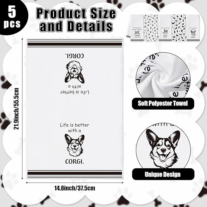 R HORSE Corgi Kitchen Dish Towel Set- 5Pcs Cute Corgi Cleaning Dishcloth Animal Dog Absorbent Bar Quick Dry Hand Towel Tea Towels for Dog Lovers Hostess Bathroom Kitchen Home Decors