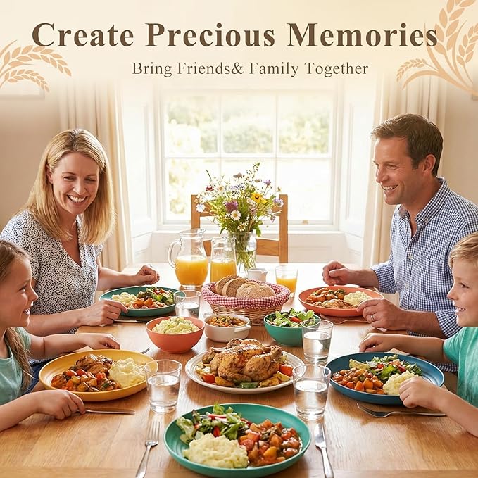 Wheat Straw Plates Set for 8, Unbreakable & Lightweight Dinner Plates 9 Inch, Plastic Plates Reusable, Microwave and Dishwasher Safe Kitchen Plate for Outdoor, Camping, Picnic- Multi