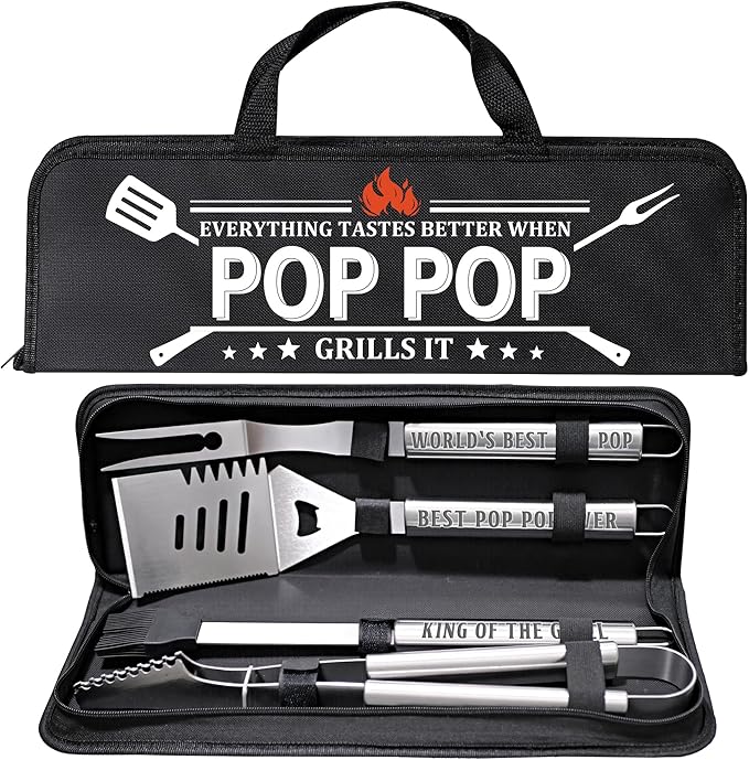 Pop Pop Gifts from Grandkids, Gifts for Poppop Grandparents Day, Grilling Accessories, Heavy Duty Stainless Steel Grill Set BBQ Grill Tools for Outdoor Grill with Aluminum Case, Grill Utensils Set