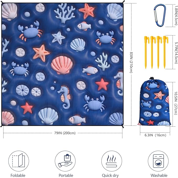 WIWIGO Beach Blanket Waterproof Sandproof Beach Mat 79" X 83"/10'x9'for 2-8 Adults Quick Drying Outdoor Picnic Mat Beach Accessories for Travel, Camping, Hiking