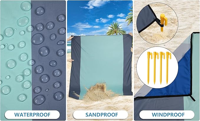 WIWIGO Beach Blanket Waterproof Sandproof Beach Mat 79" X 83"/10'x9'for 2-8 Adults Quick Drying Outdoor Picnic Mat Beach Accessories for Travel, Camping, Hiking
