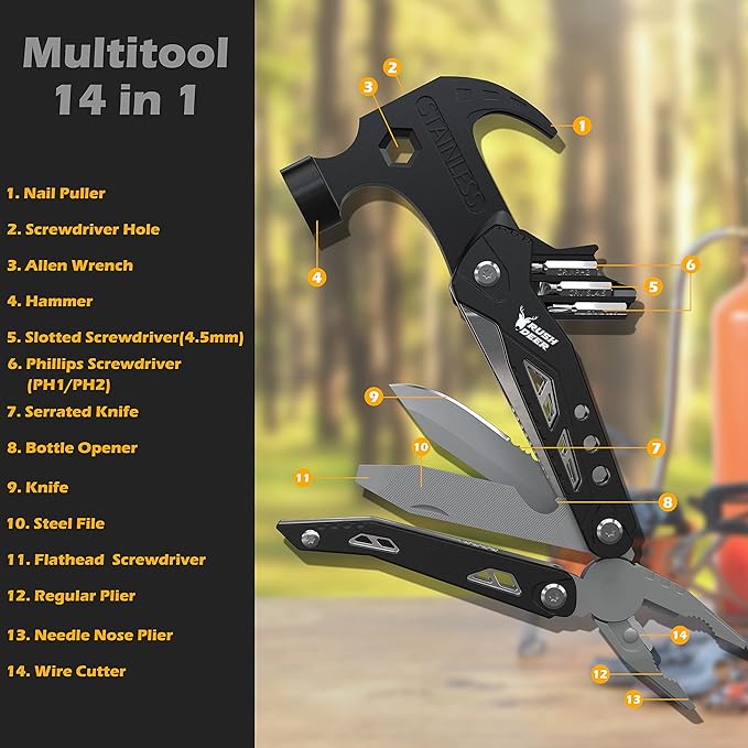 RUSH DEER 14-in-1 Multitool, Valentines Day Gifts for Men Dad Gifts, Mini Hammer Multitool, Small Hammer Tool, Survival Gear and Supplies, Christmas Gift for Boy Husbands