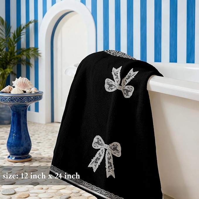 Black and White Coquette Lace Bow Print Kitchen Dish Tea Towels 16x24（Printing）, Girly Aesthetic Hand Towels for Bathroom, Coquette Bathroom Decor，Bow Towel（Print）