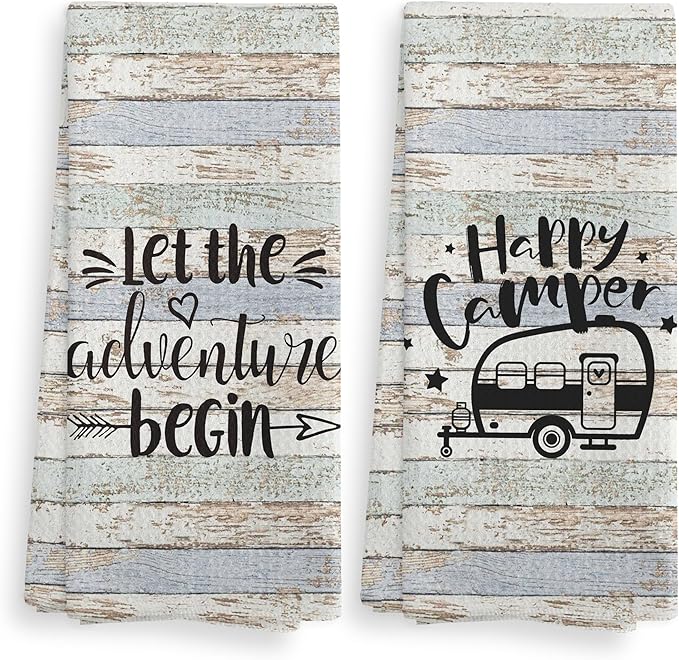 Camper Camping Kitchen Towels and Dishcloths Sets of 2,Campsite Cabin RV Absorbent Drying Cloth Hand Towels Tea Towels for Bathroom Kitchen,Gifts for Campers Camping Lovers,16×24 inches