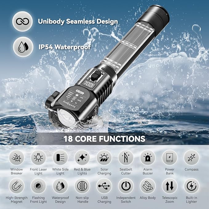 18-in-1 Solar/USB Rechargeable Car Emergency Flashlight Tool - Auto Safety Hammer Glass Breaker, Seatbelt Cutter, Flameless Fire Starter, SOS Alarm, Power Bank, Survival Gear, Driver Gifts