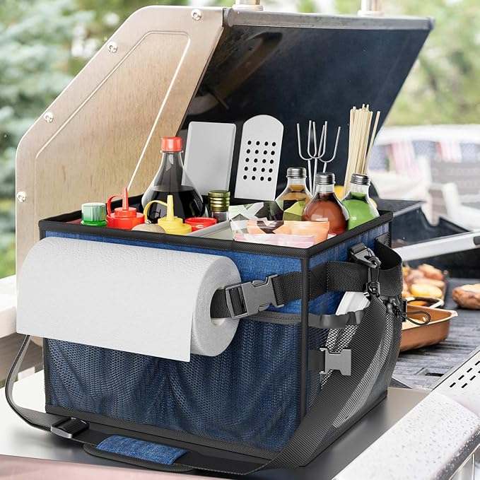 FANGSUN Large Grill and Picnic Caddy with Paper Towel Holder, BBQ Organizer for Utensils, Plates, Condiments, Collapsible & Easy-Carry Griddle Caddy, Must-Haves for Outdoor, Camper, Travel, Car, RV