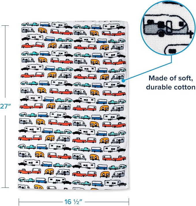Camco Life is Better at The Campsite Camper/RV Dish Towel Set - Features a Camping/RV Themed Towel & a Navy Blue with White Logo Towel - Designed with 100% Cotton - 2-Pack (53301)