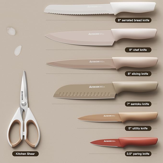 Astercook Knife Set, 13 Pieces Kitchen Knives Set with Healthy Anti-Rust Coating, Dishwasher Safe, Stainless Steel Chef Knife Sets with 6 Blade Guards, Perfect Holiday Gifts for Kitchen