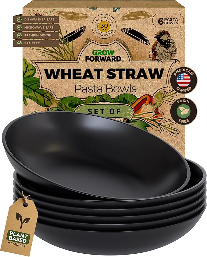 Grow Forward Premium Wheat Straw Pasta Bowls - 30oz Unbreakable Wide & Shallow Dinner Plate Bowls Set of 6 - Microwave Safe Reusable Plastic Pasta Bowls for Kids, Adults, Salad, Camping, RV - Midnight