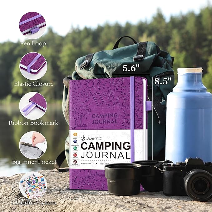 JUBTIC Camping Journal and RV Travel Log Book, A5 Adventure Journal for 25 Camping, Hiking Journal, Family Travel Books Camper Essentials Camping Gifts for Women-Purple