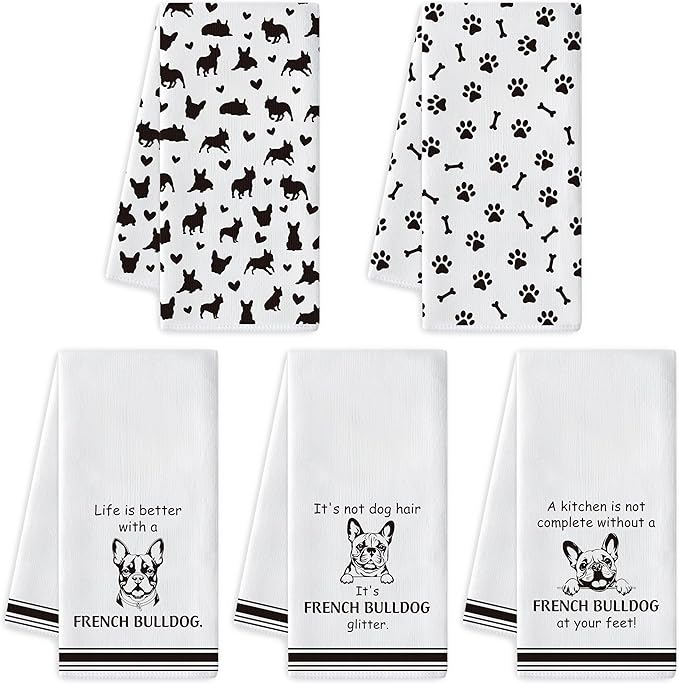 French Bulldog Kitchen Dish Towel - 5Pcs Cute French Bulldog Cleaning Dishcloth Puppy Dog Absorbent Bar Quick Dry Hand Towel Tea Towels for Housewarming Birthday Xmas Gift Bathroom Kitchen Home Decors