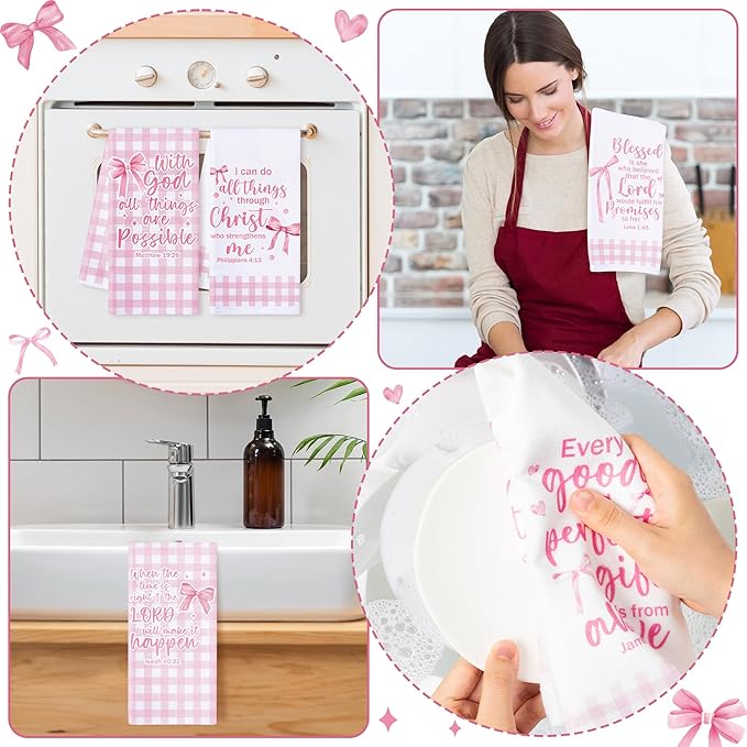 R HORSE Pink Bow Kitchen Dish Towels - 5Pcs Bible Verse Bow Absorbent Hand Towels, Religious Christian Pink Kitchen Dishcloths for Women Girls Bathroom Housewarming Religious Gifts Home Decor