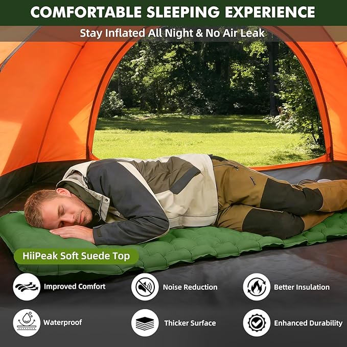HiiPeak Camping Sleeping Pad, Suede Top Camping Mat with Pillow, Built-in Foot Pump Inflatable Sleeping Pads Compact for Camping Backpacking Hiking Traveling Tent