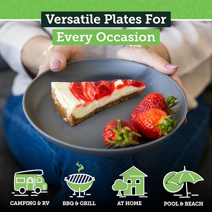 Grow Forward Premium Wheat Straw Plates - 8 Inch Reusable Hard Plastic Dinner Plates Set of 8 - Unbreakable Microwave Safe Plates for Dessert, Camping, RV, Outdoors, Patio, Kitchen Dishes - Moonlight