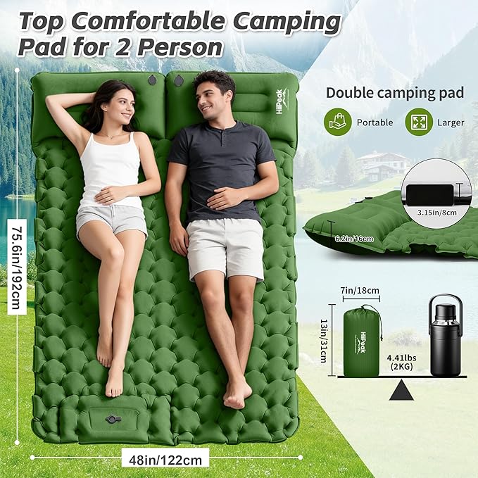 HiiPeak Double Sleeping Pad for Camping - Suede Top Camping Mattress with Pillow, Built-in Foot Pump, Compact Inflatable 2-Person Portable Mat for Backpacking, Hiking, Car Traveling, Beach, Tent