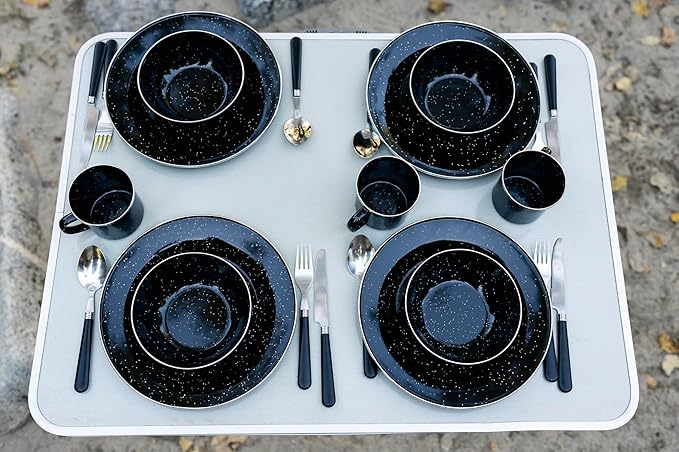 Stansport Deluxe 24-Piece Enamel Tableware Set - Enamel Plates and Bowls Lightweight and Durable Camp Dish Set for Camping and Backpacking Plates and Bowls for 4 People