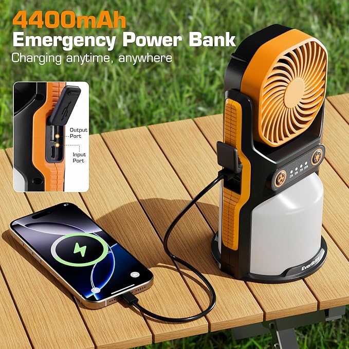 EverBrite 2-in-1 Camping Lantern with Fan, 1000LM Rechargeable Tent Light, 4400mAh Power Bank, Portable Camping Fan with 3 Speeds & 210° Oscillation, USB-C Emergency Light for Camping, Power Outage