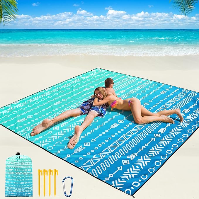 WIWIGO Beach Blanket Waterproof Sandproof Beach Mat 79" X 83"/10'x9'for 2-8 Adults Quick Drying Outdoor Picnic Mat Beach Accessories for Travel, Camping, Hiking