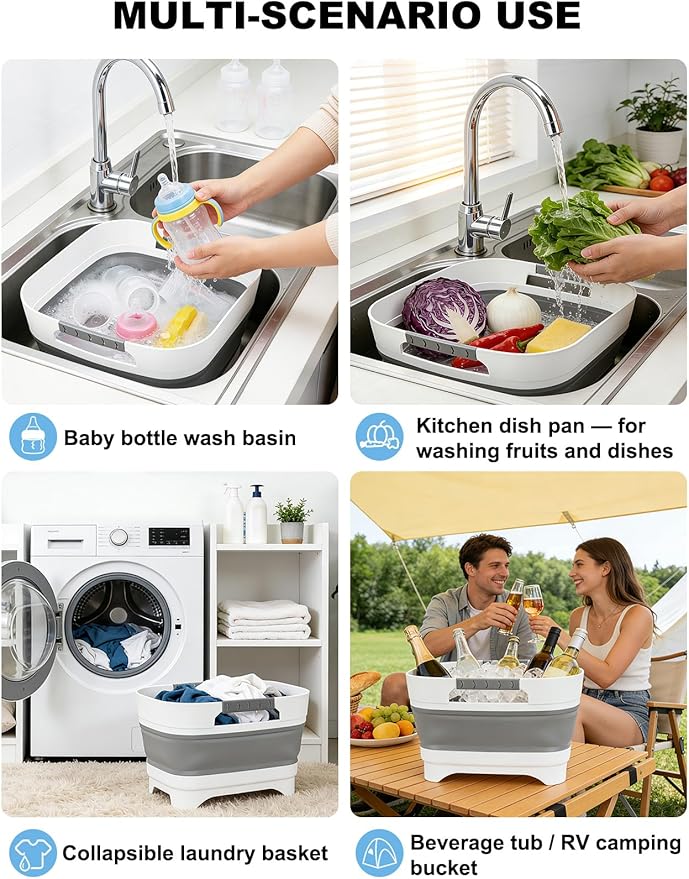 Collapsible Wash Basin Portable Foldable Sink Basin, BPA-Free Silicone Vegetable Fruit Washing Bowl, Space Saving Multi-Purpose Sink for Baby Bottle, Kitchen Camping Travel
